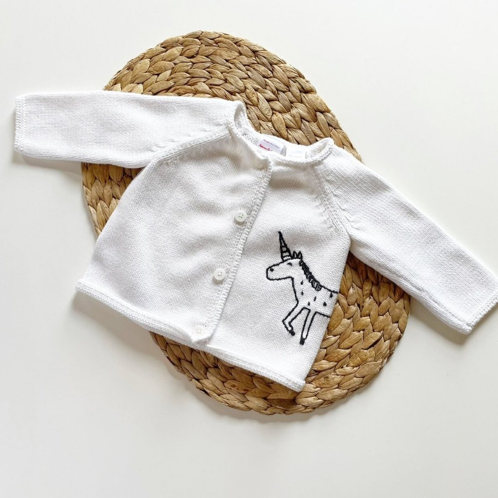 Hanna Andersson Organic White & Black Embroidered Unicorn Sweater Cardigan